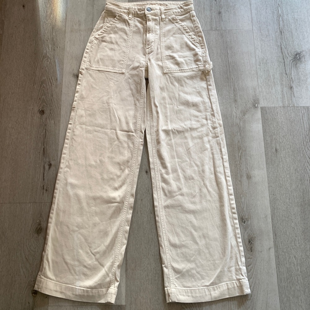 American Eagle‎ Cream Wide Leg Carpenter Pants High Waisted Utility Stretch 25